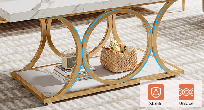 47.24-Inch Modern Rectangle Coffee Table in White & Gold