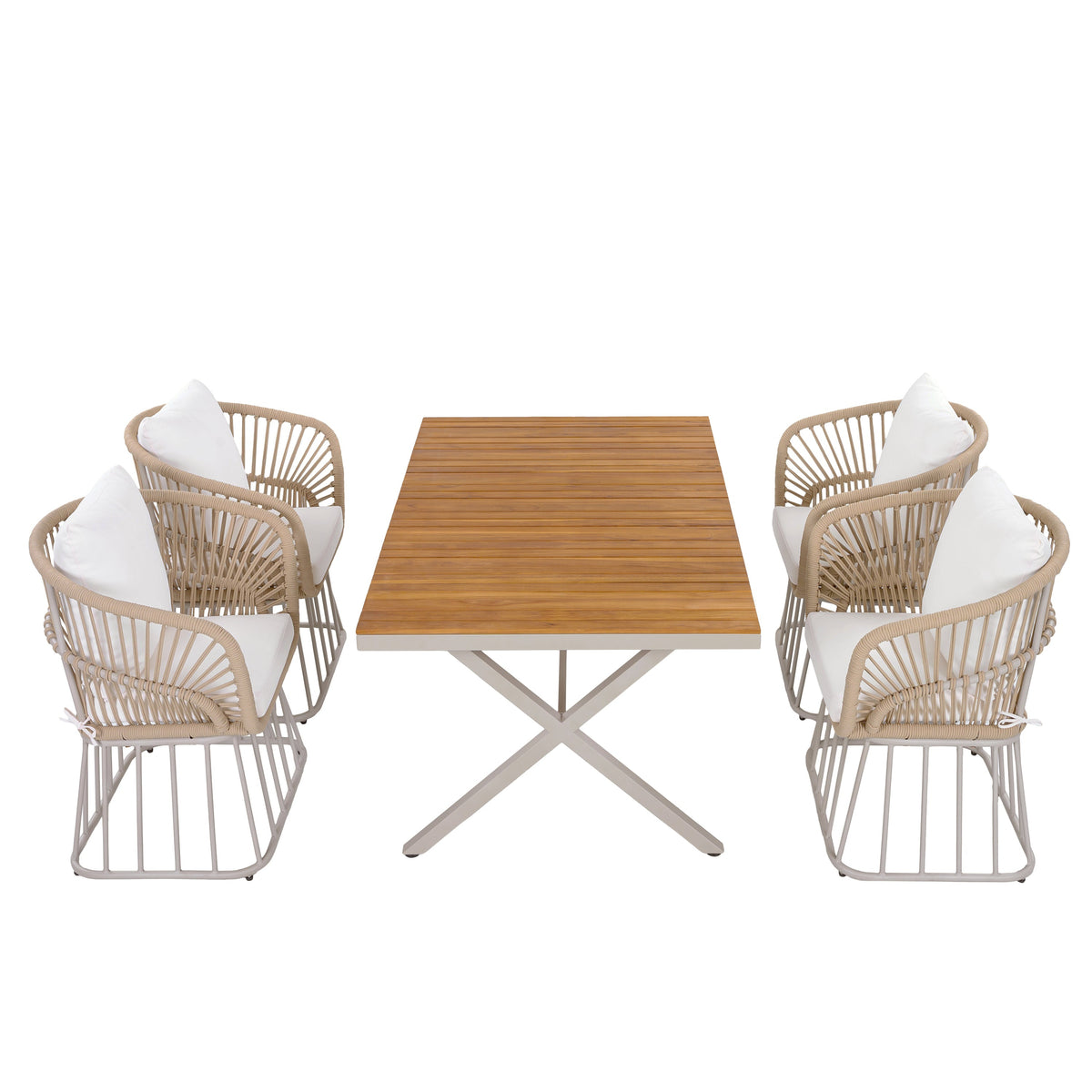 Outdoor 5-Piece Dining Set - Rectangular Teak Wood Table + 4 Wicker Chairs