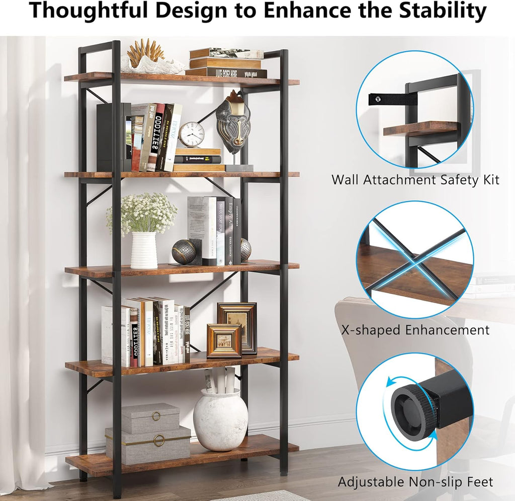 63" Tall 5-Tier Rustic Brown Industrial Bookshelf