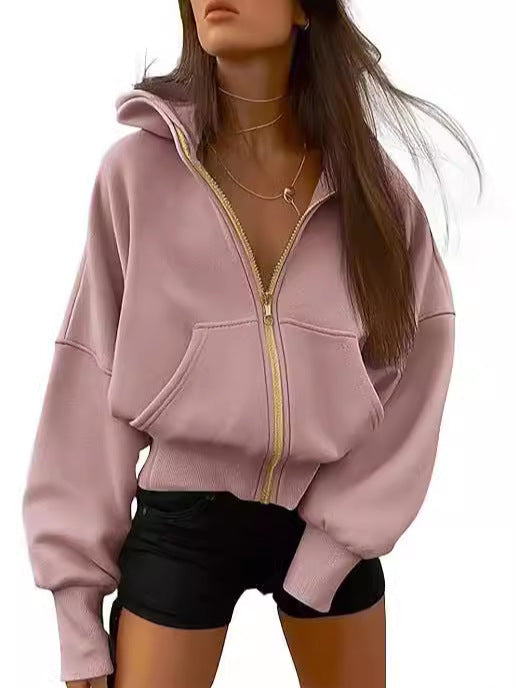 2026 Autumn Winter New Women's Fashion Zipper Hooded Long Sleeve Short Sportswear Casual Plush Hoodie