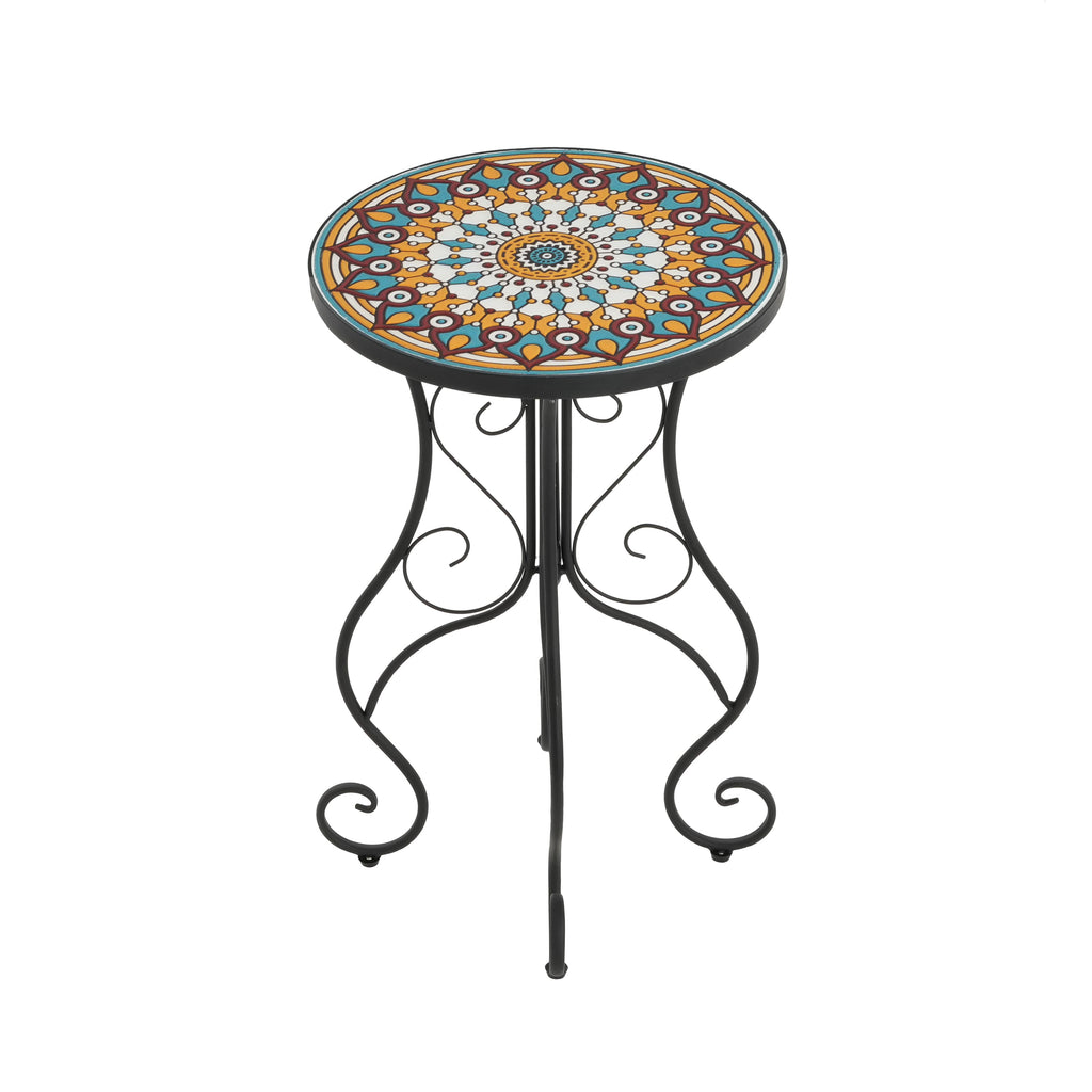 Round Ceramic Outdoor Side Table, Colorful + Black