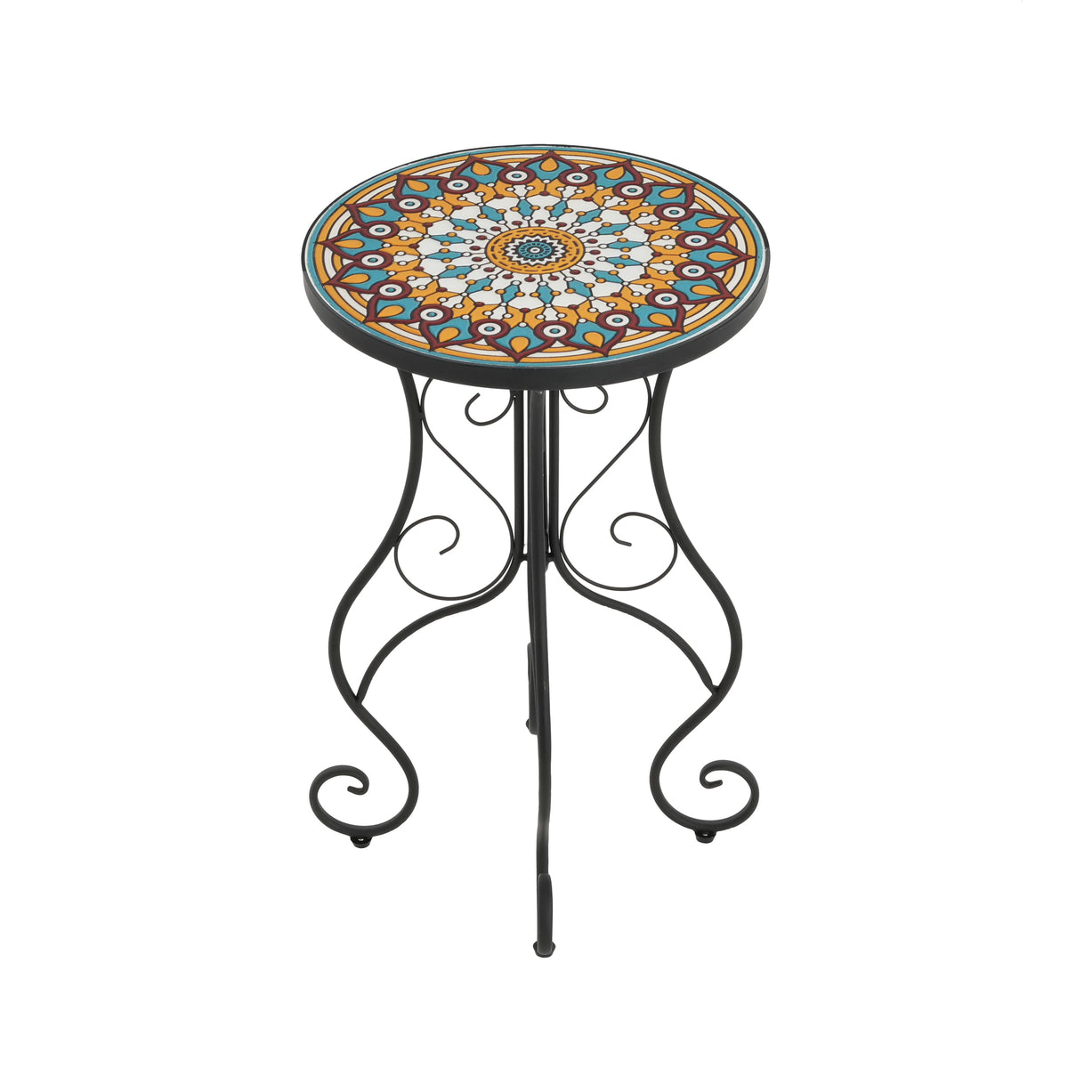 Round Ceramic Outdoor Side Table, Colorful + Black