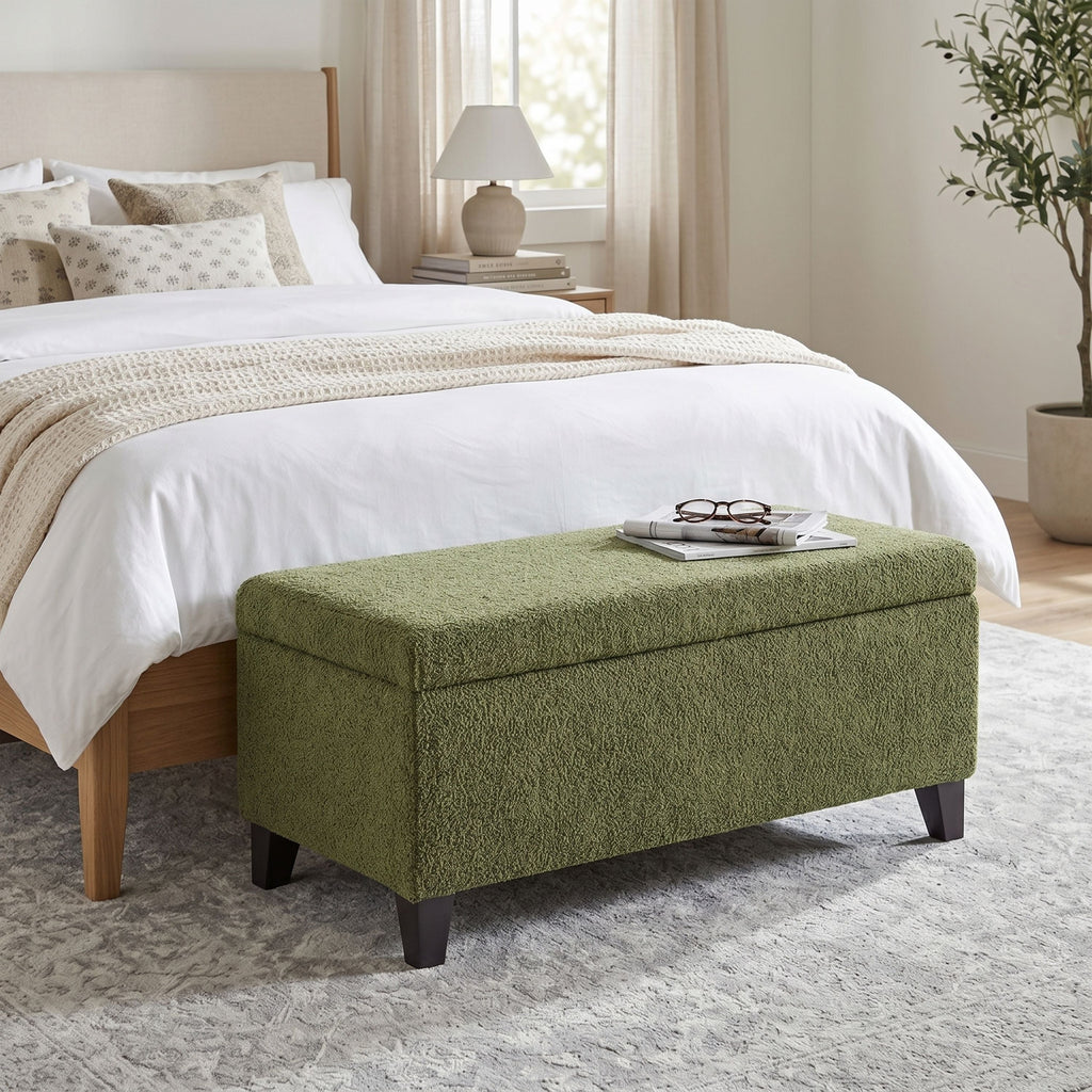 Storage Ottoman with Flip-Top Lid, Easy Assembly, Boucle Fabric & Rubber Wood Legs, Retro