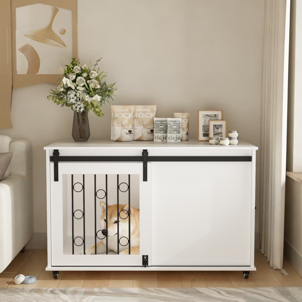 Modern Wooden Dog Crate Furniture with Sliding Barn Door