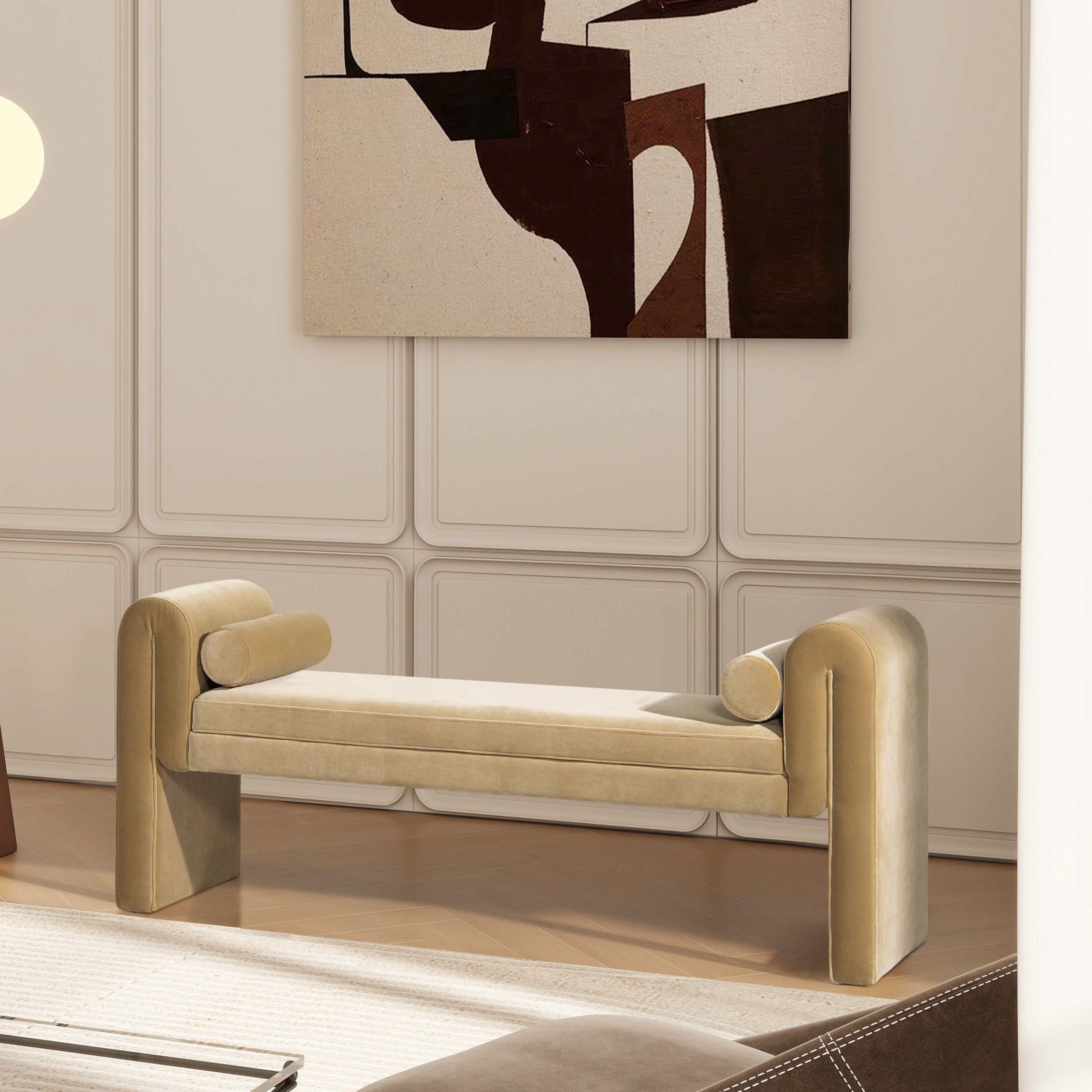 Mason 60.5" Arched Arm Bench with Bolster Pillows, Camel