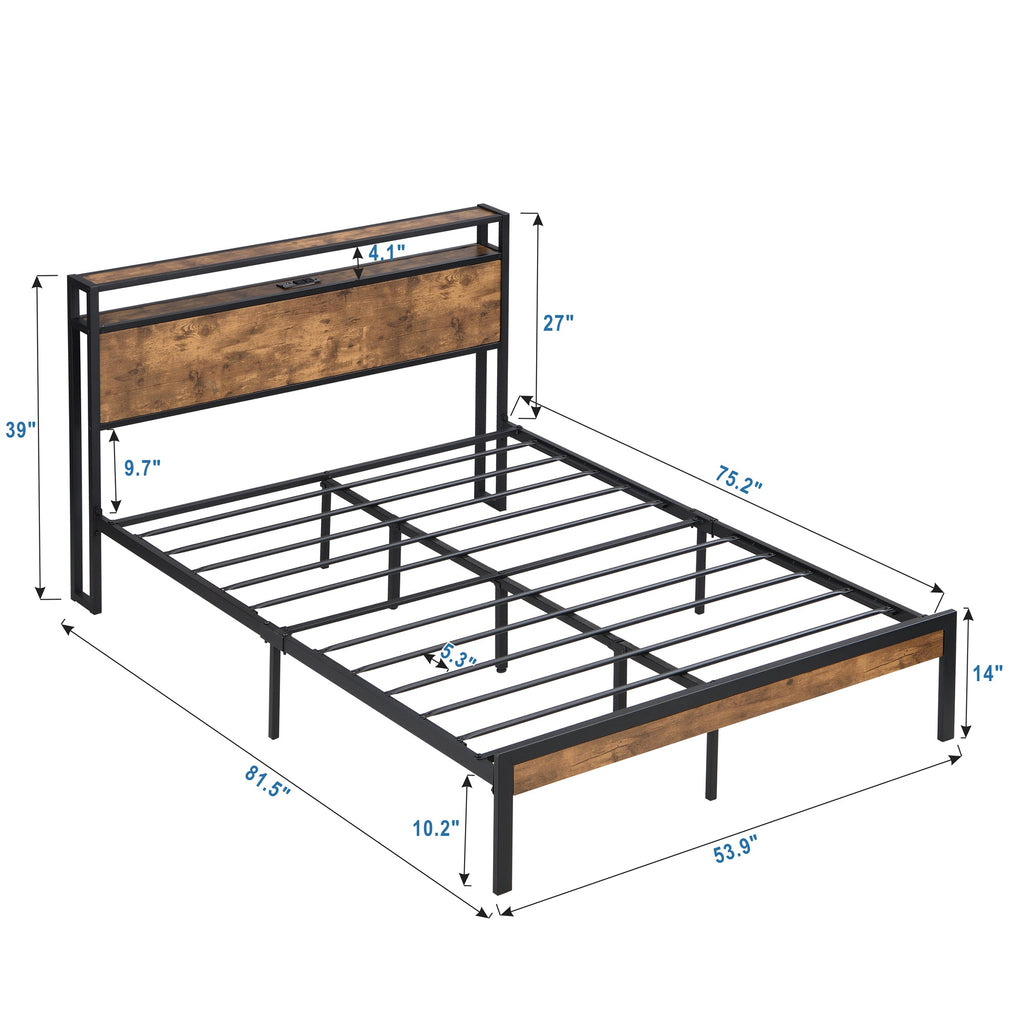 Full Size Metal Platform Bed Frame with Wooden Headboard