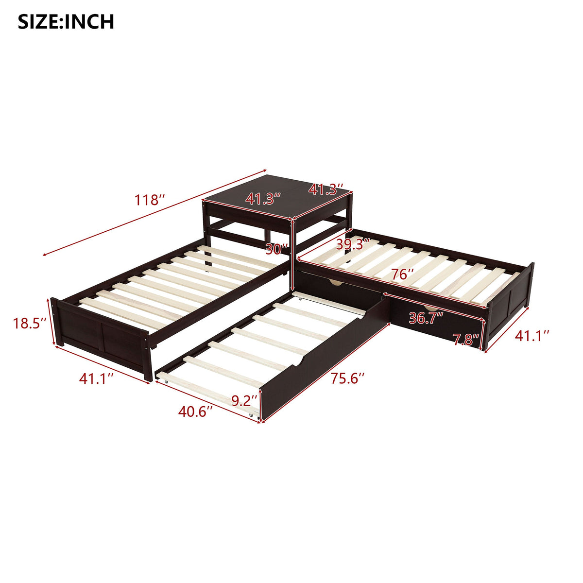 L-Shaped Platform Bed with Trundle and Built-in Desk