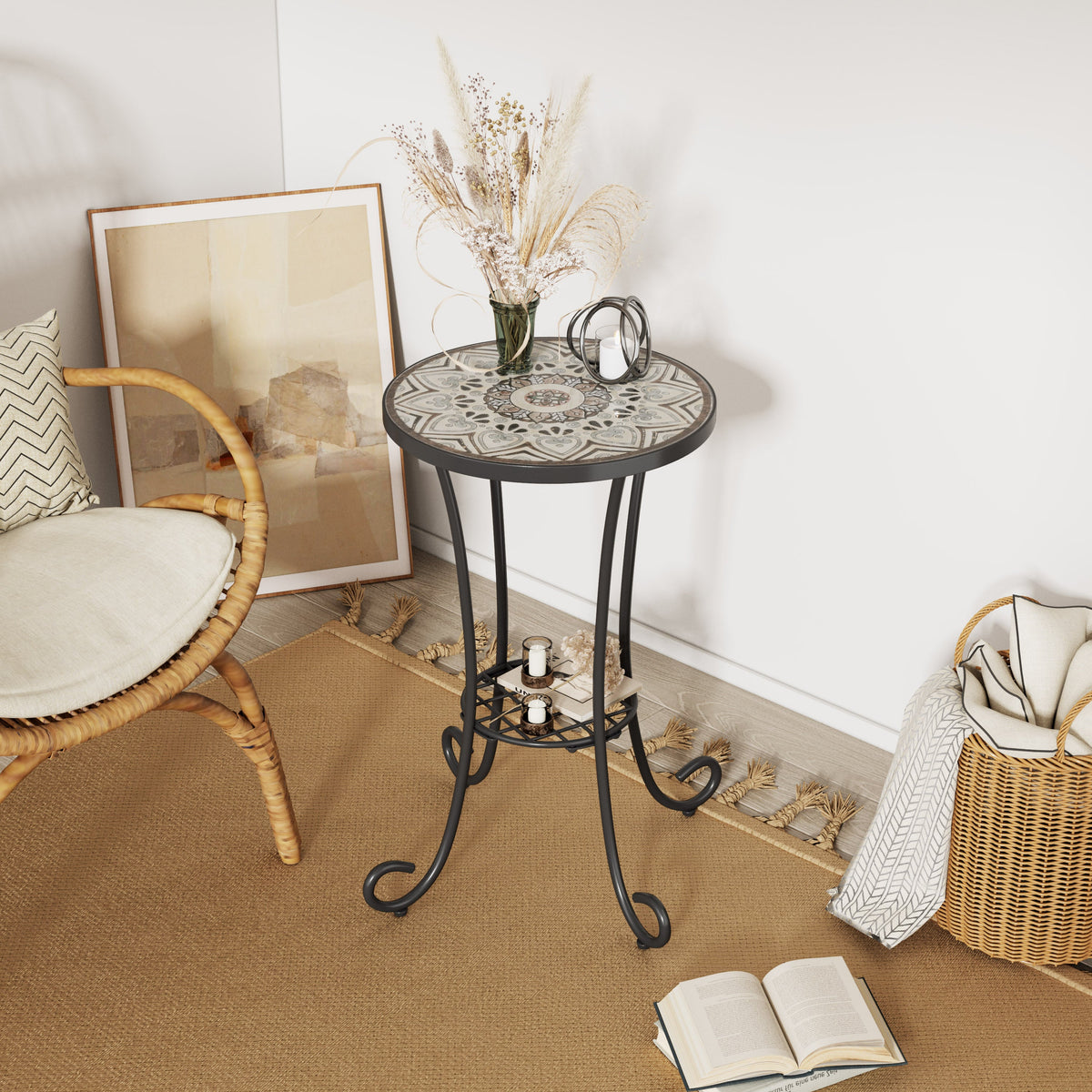 Patio Side Table with Shelf in Brown and Black