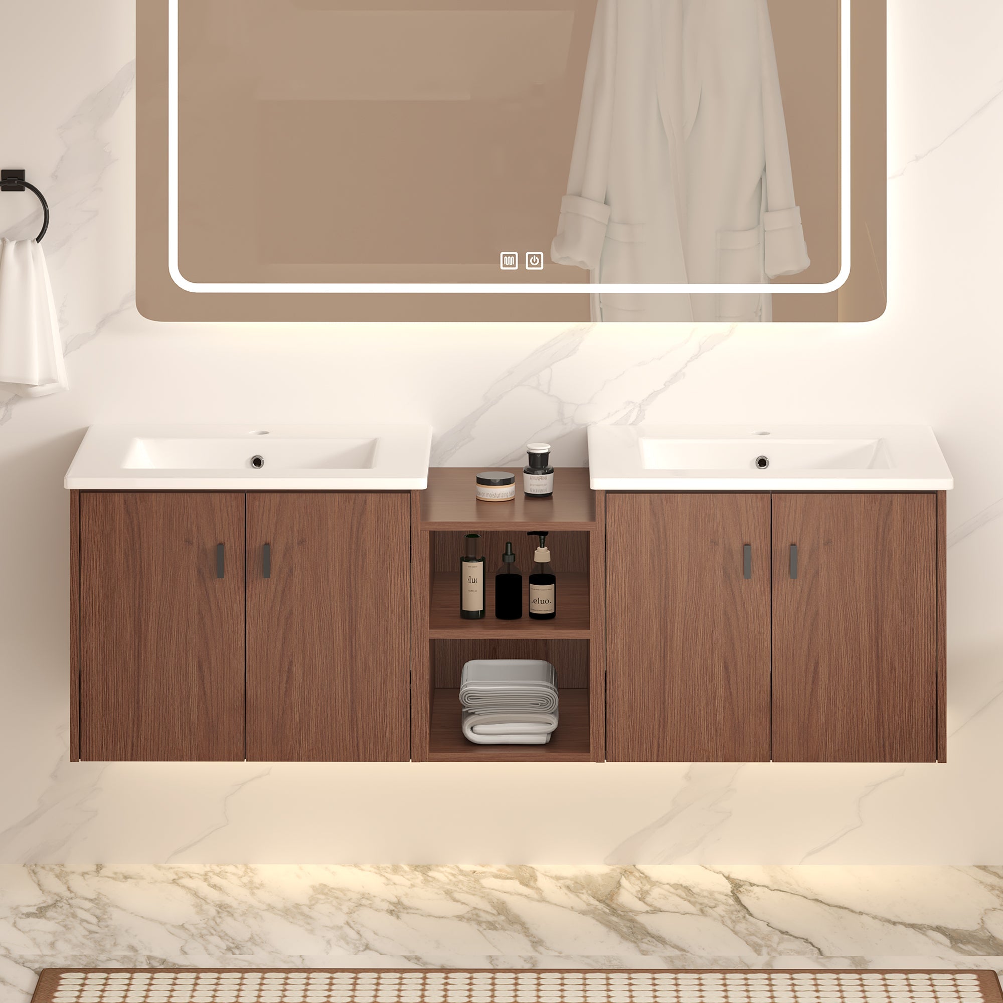 60in Reddish Brown Bathroom Vanity with Soft Close Doors