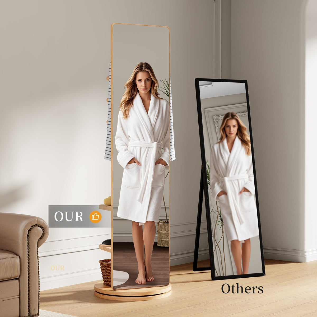 Multifunctional 360° Rotating Full Length Mirror with Coat Rack