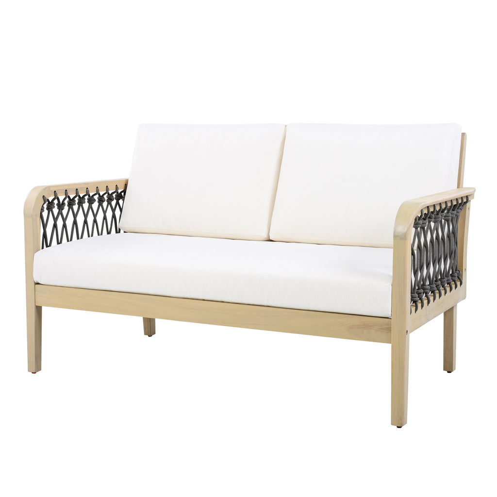 Outdoor Acacia Wood Loveseat & Coffee Table Set with Handwoven Rope
