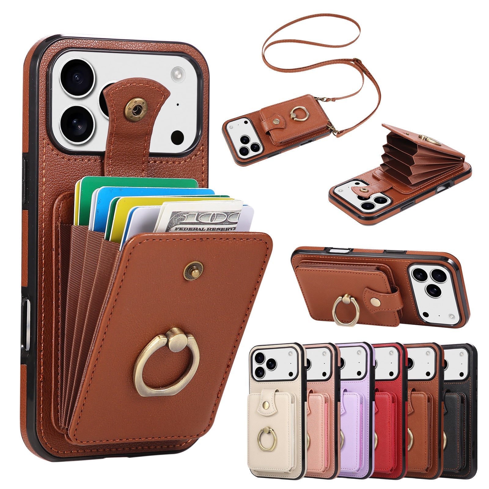 Leather Phone Case With Ring Holder And Card Slot Drop Proof Protective Case