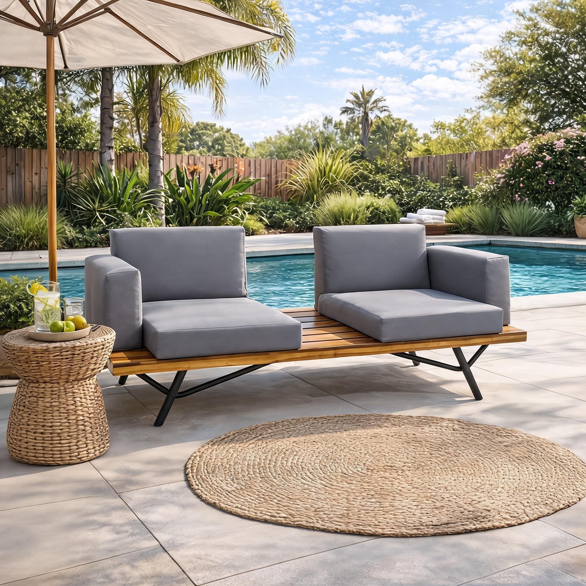 Outdoor Acacia Wood 2 Seater Sofa with Metal Legs