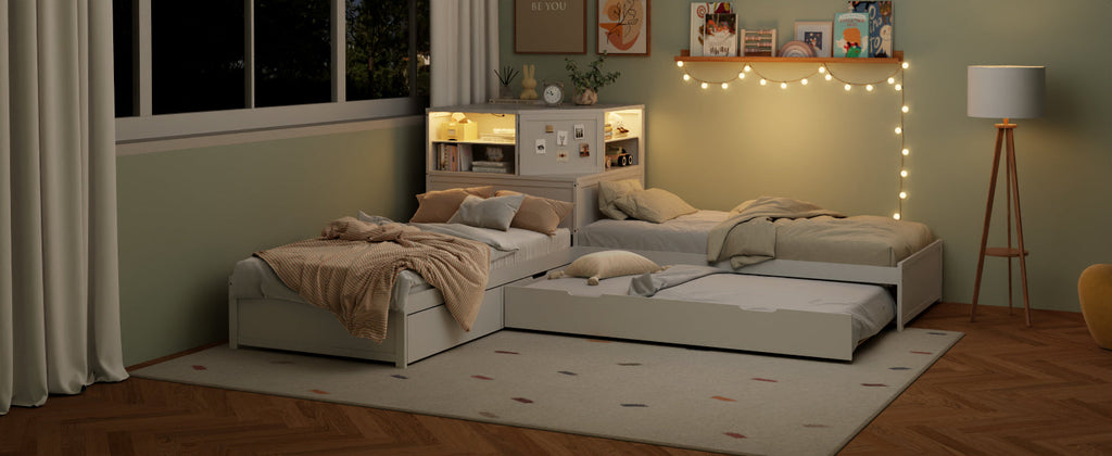 L-Shaped Combination Twin Bed Frame with Trundle and Drawer