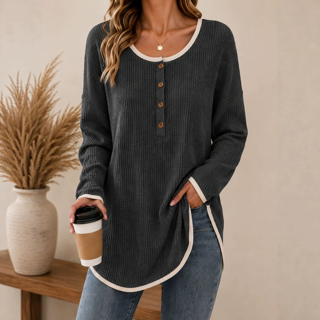 Anno's Self-developed 2026 European And American Women's Fashion Casual Round-neck Buttoned Long-sleeve Top For Amazon Independent Stores