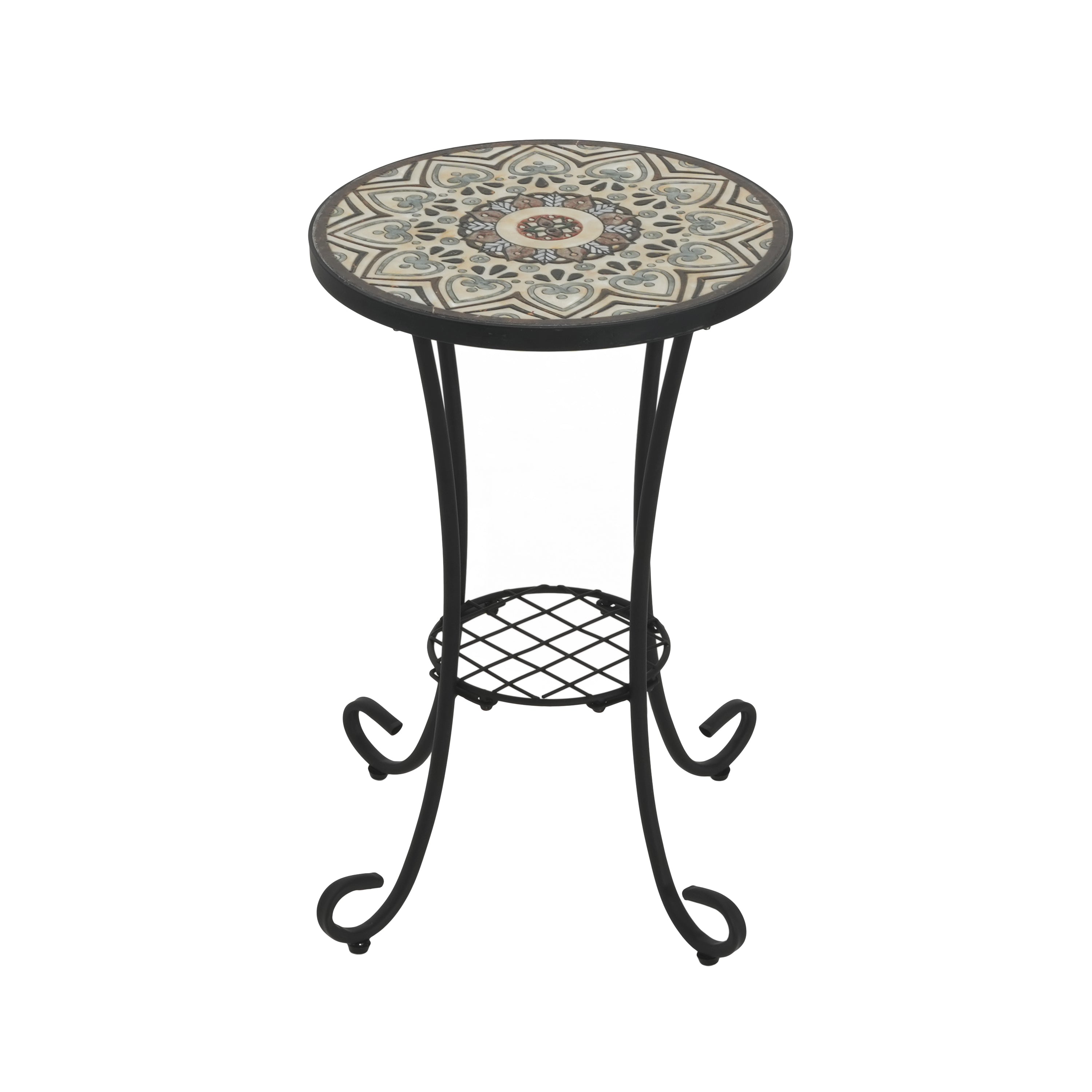 Patio Side Table with Shelf in Brown and Black
