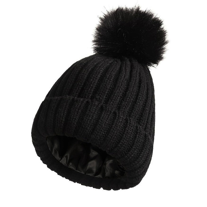 Womens Solid-Color Brimmed Hat With Satin Pom-Pom