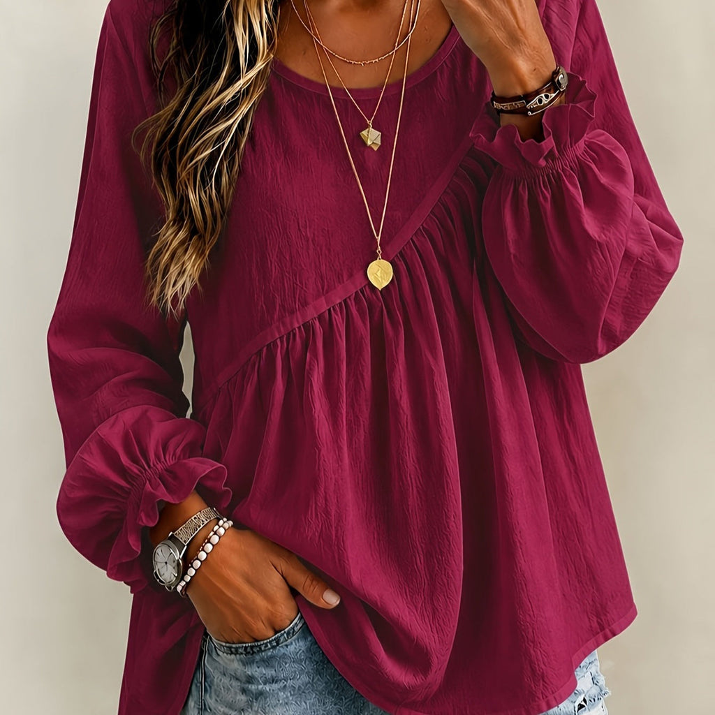 2026 New Cross-Border European And American Style Women's Solid Color Round Neck Long Sleeve Ruched Shirt Top, Casual Versatile Loose Fit