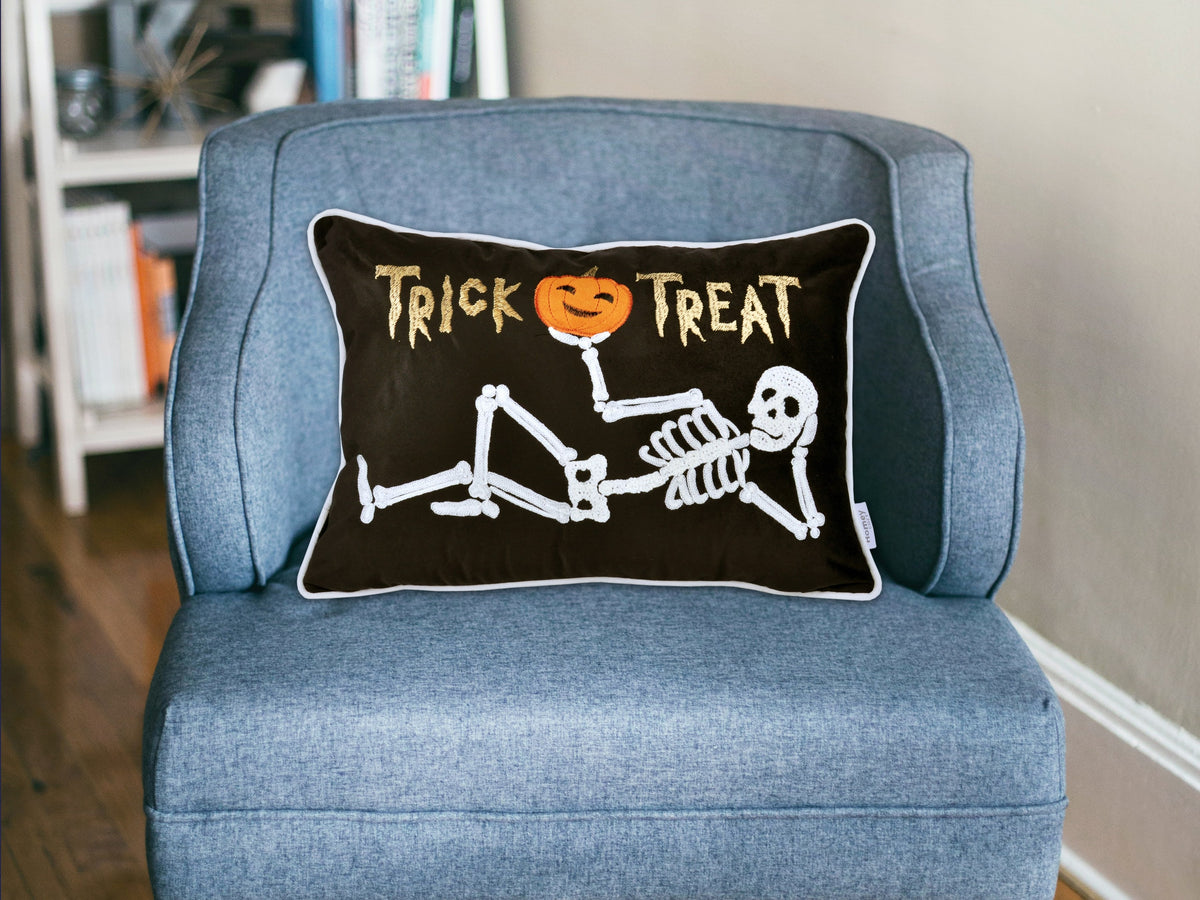 Trick or Treat Skeleton Velvet Throw Pillow