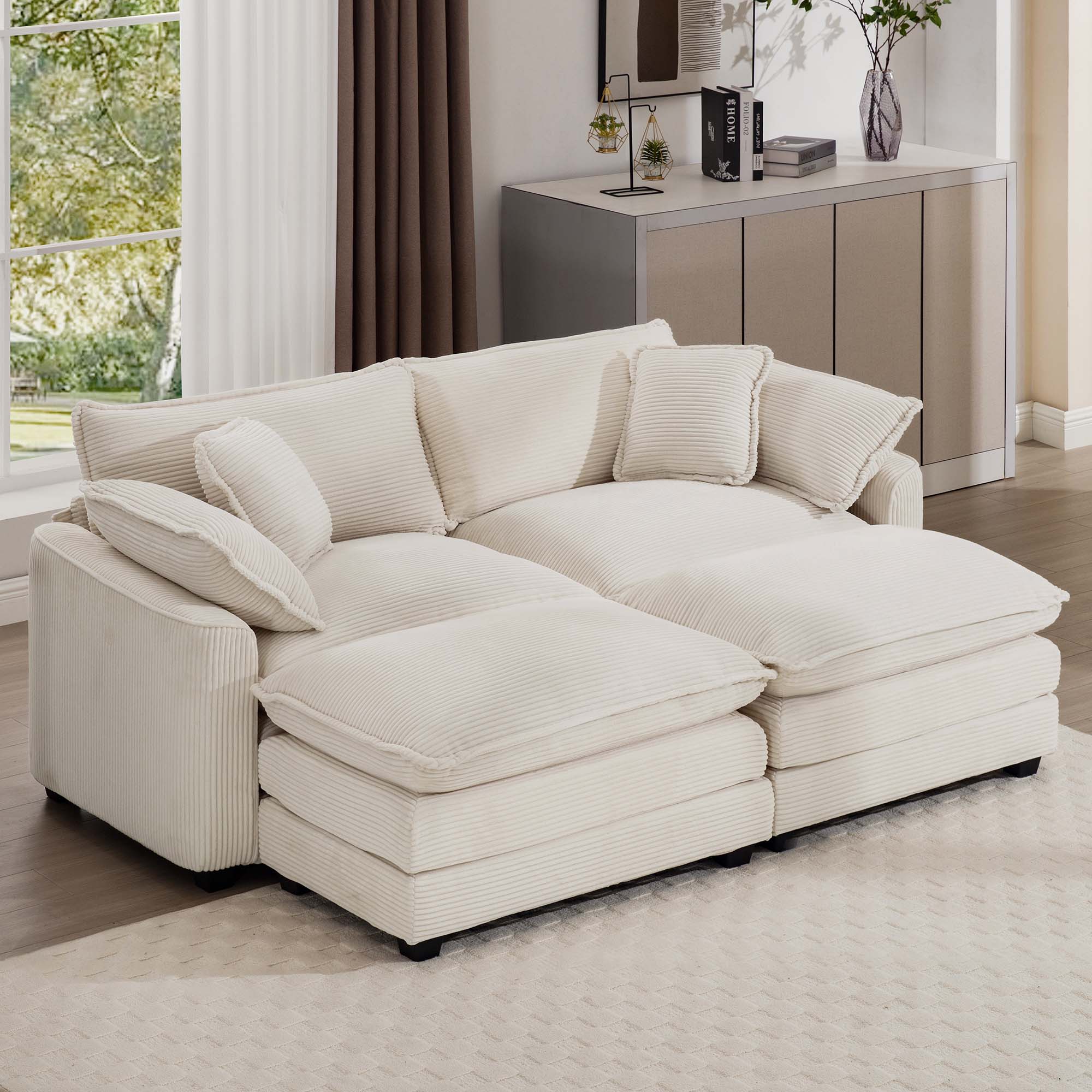 Corduroy Two-Seater Sofa with Ottoman