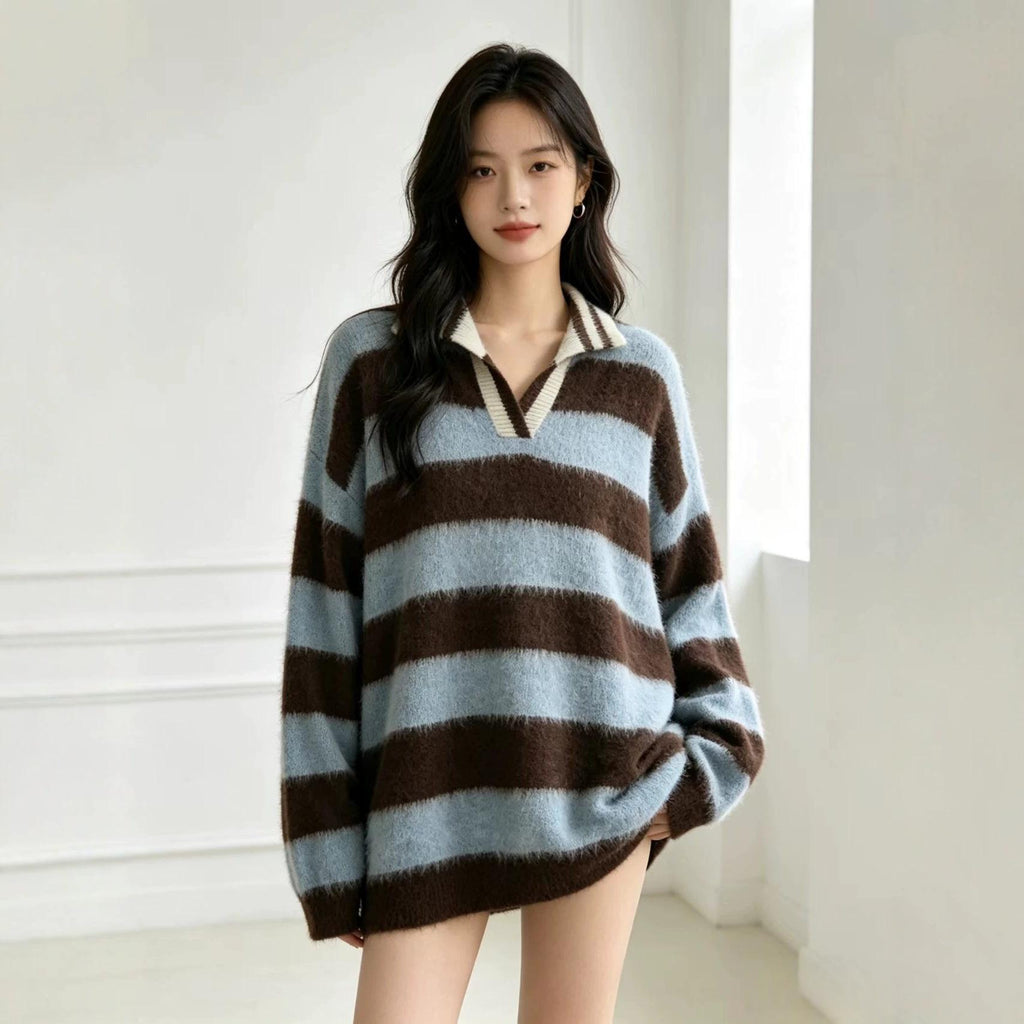 Retro Color-Block Striped Off-Shoulder Pullover Sweater For Women New AutumnWinter Top With Lapel Collar