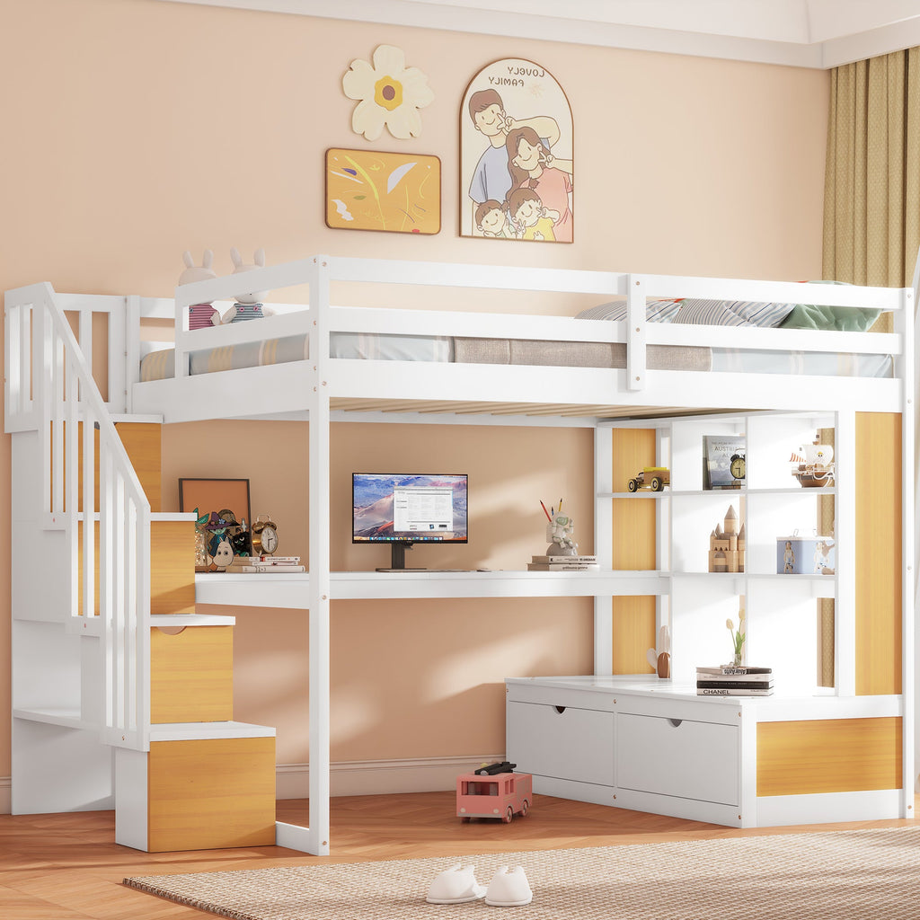 Full Size Loft Bed With Desk And Shelves, Two Built-in Drawers, Storage Staircase