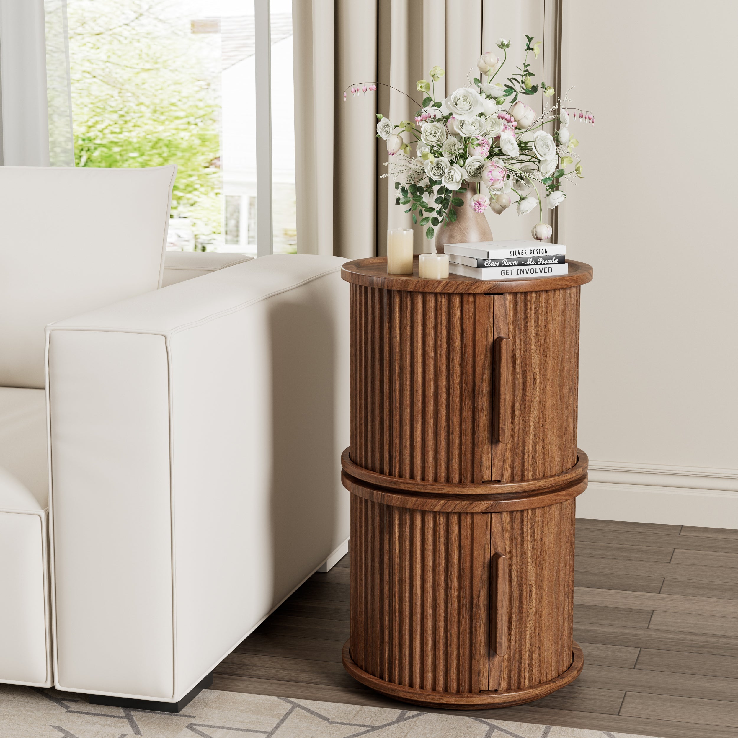4-Piece Round Coffee Table Set with Sliding Door Storage
