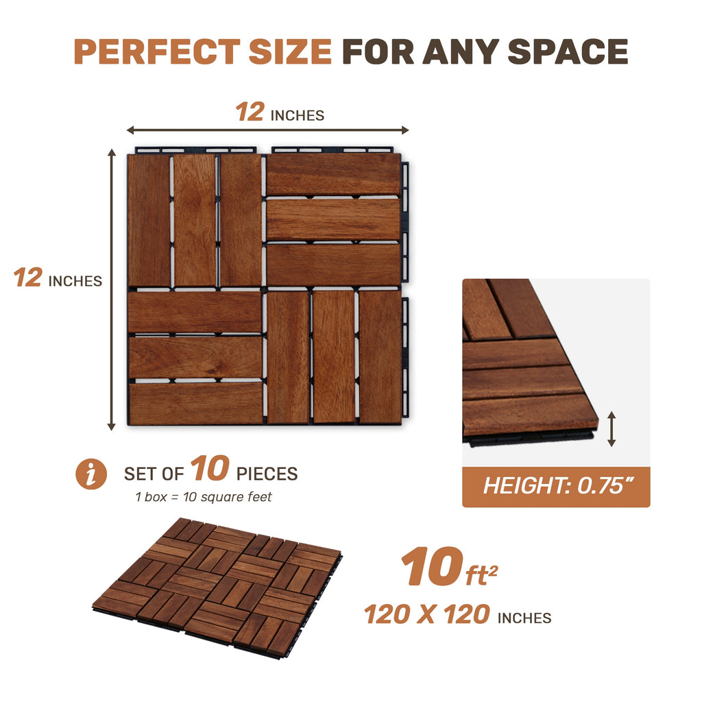 Acacia Wood Interlocking Deck Tiles Checker Pattern, 10PCS 12" x 12" Square
