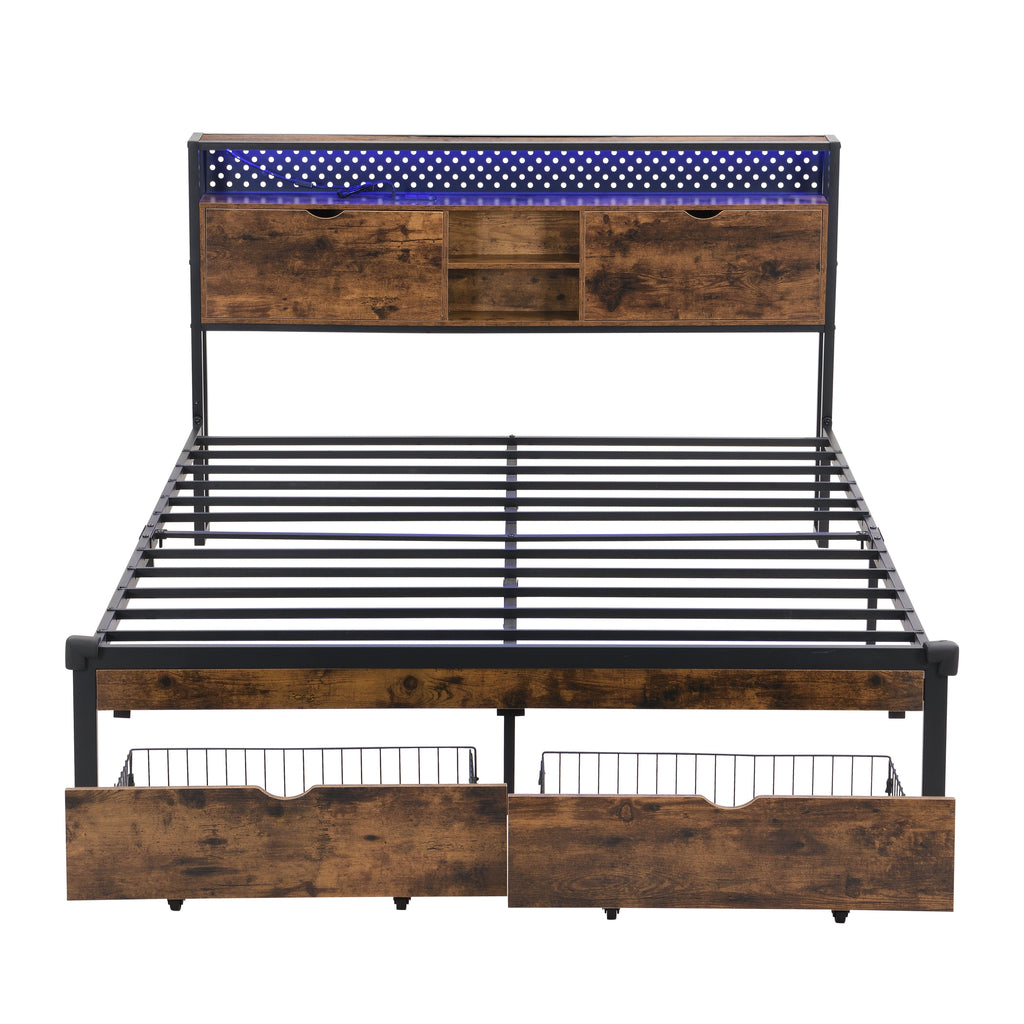 Full Size Metal Platform Bed Frame with Wooden Headboard and USB Charging