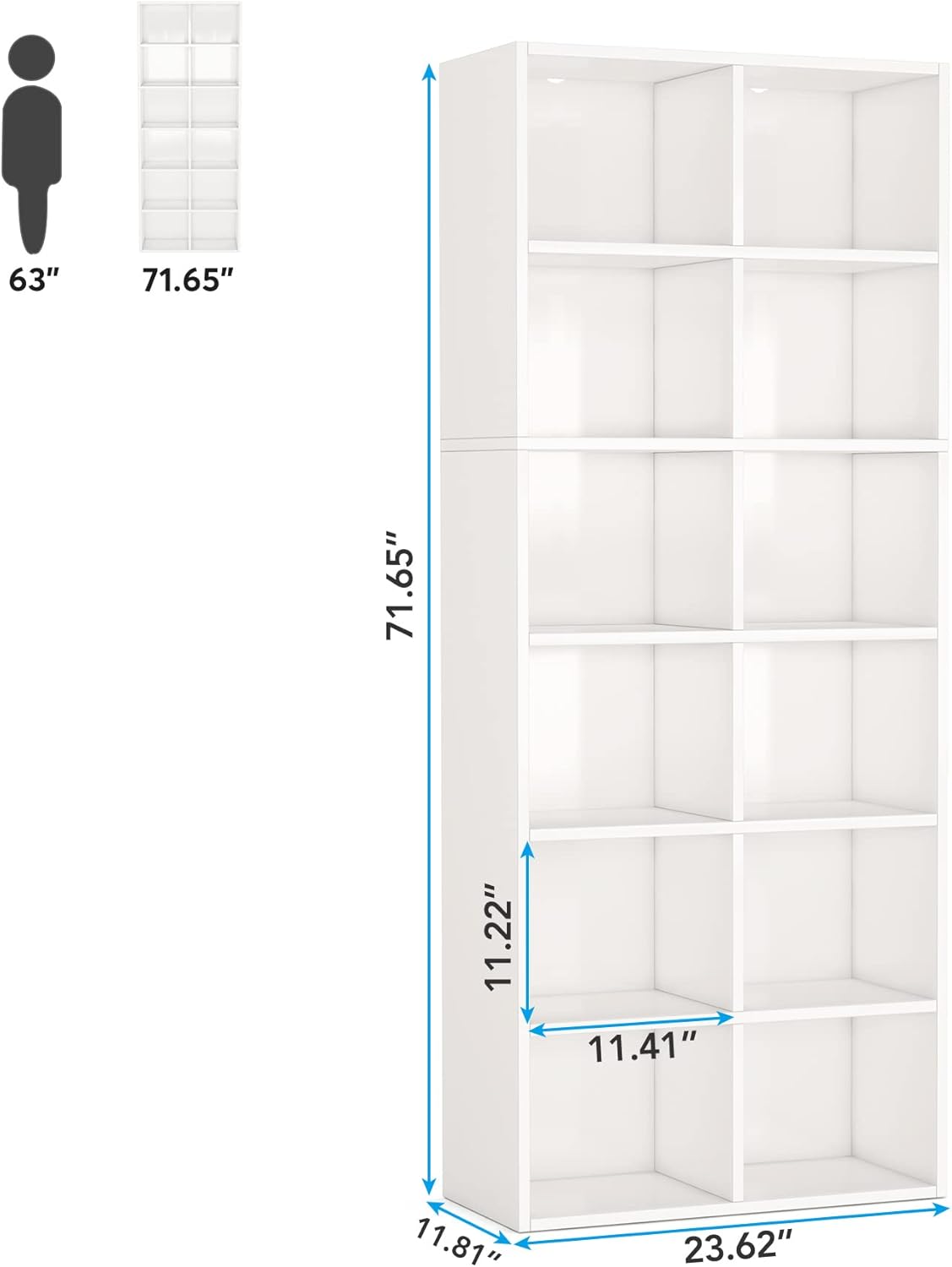 71.65" White Narrow 12-Cube Modern Bookcase