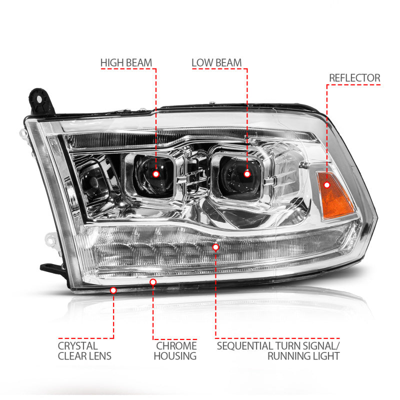 ANZO 09-19 Dodge RAM 1500 / 10-18 2500/3500 LED Proj Headlights SeqSig Chrome - Pair 111627A