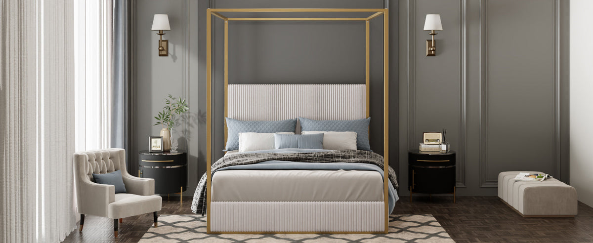 Modern Luxury Metal Canopy Bed with Tall Corduroy Upholstered Headboard
