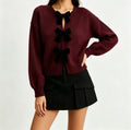 2026 Autumn Cross Border French Retro Bow Sweater Cardigan Round Neck Knitted Coat Women's Top
