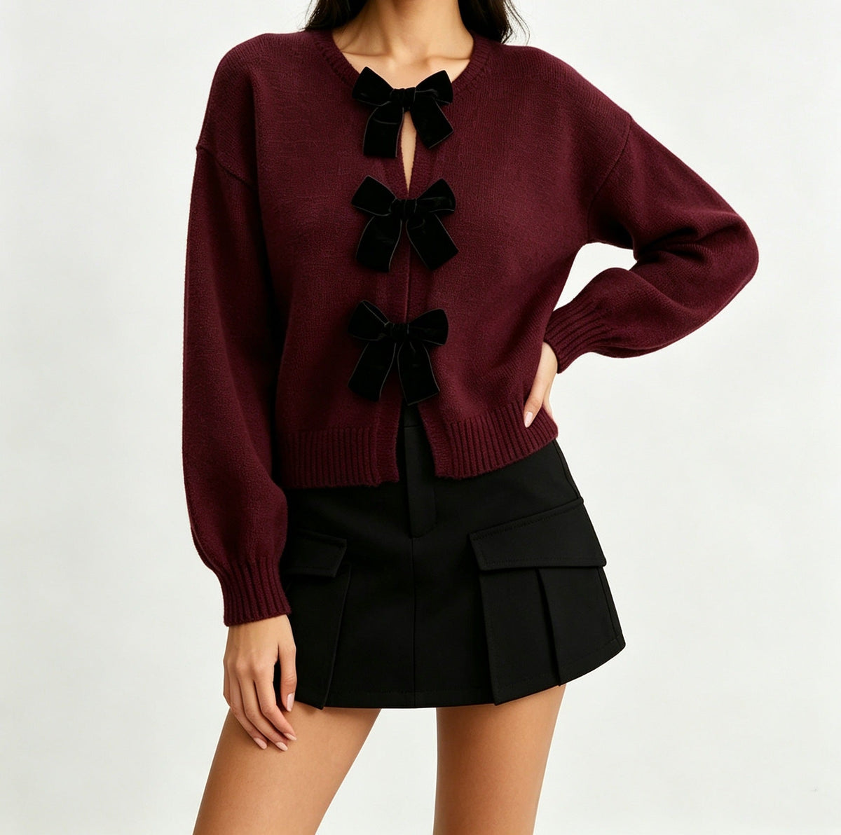 2026 Autumn Cross Border French Retro Bow Sweater Cardigan Round Neck Knitted Coat Women's Top