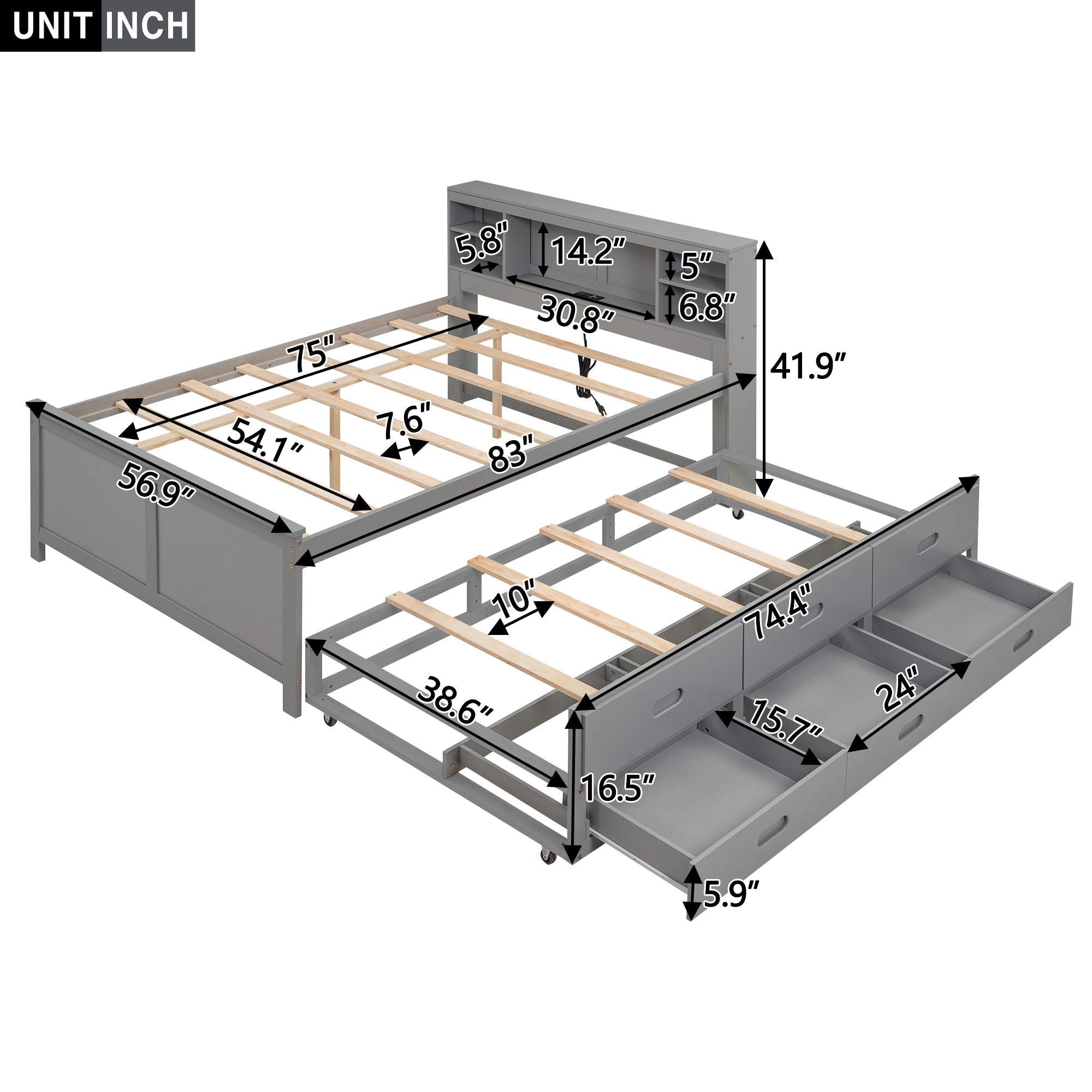 Full Size Platform Bed with Storage Headboard, USB, Twin Size Trundle and 3 Drawers