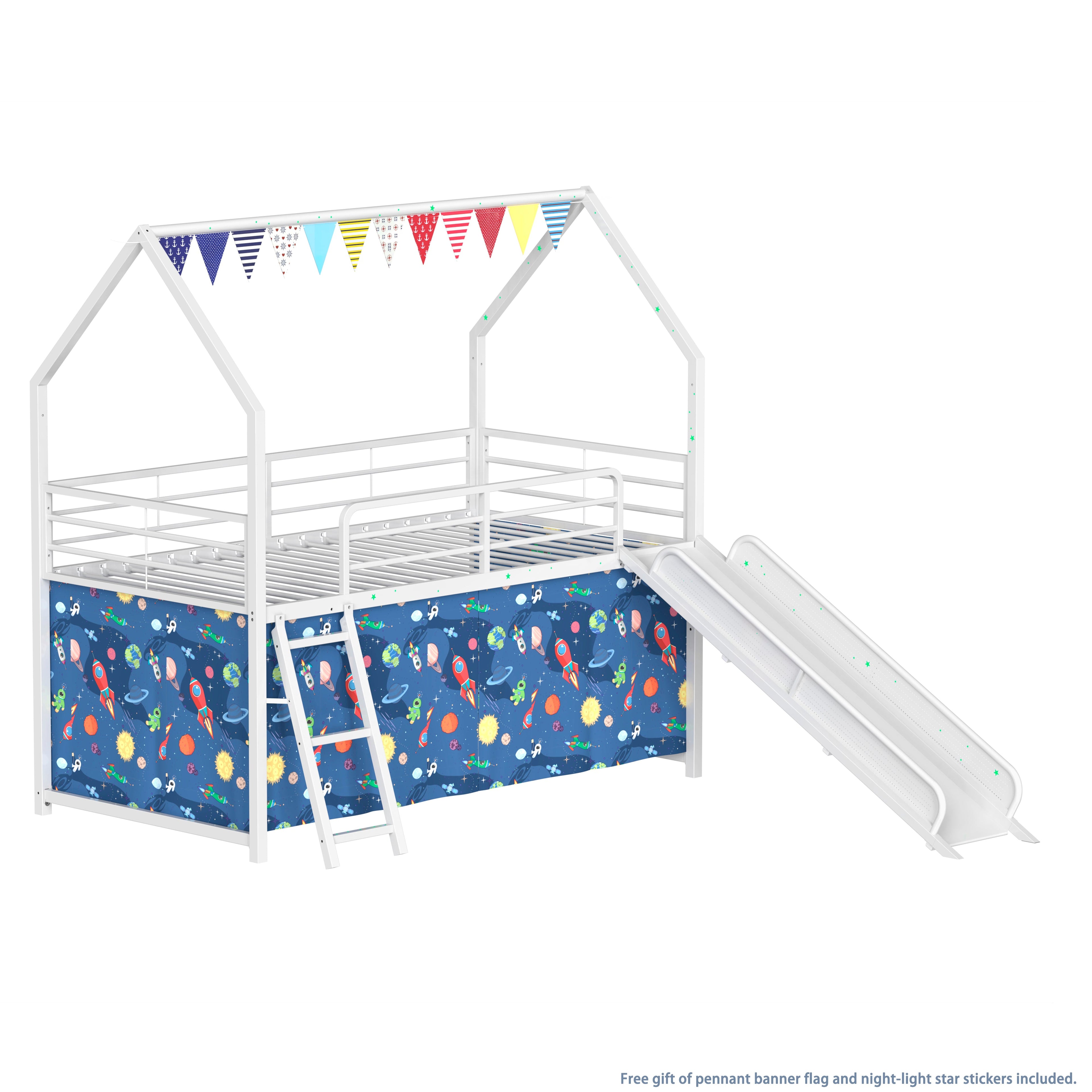 Jack Metal Junior House Twin Loft Bed with Slide and Curtain Set
