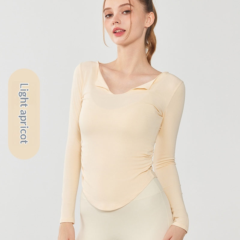 Lapel Thin Cardigan Yoga Coat Autumn And Winter Slim-fit Tight Waist Slimming Pilates Yoga Long-sleeved Fitness Top For Women