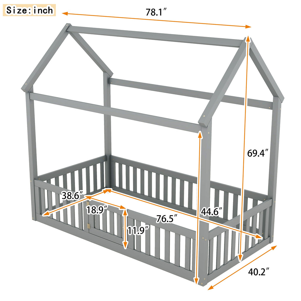 Twin Size Wood House Bed with Fence and Door - Gray
