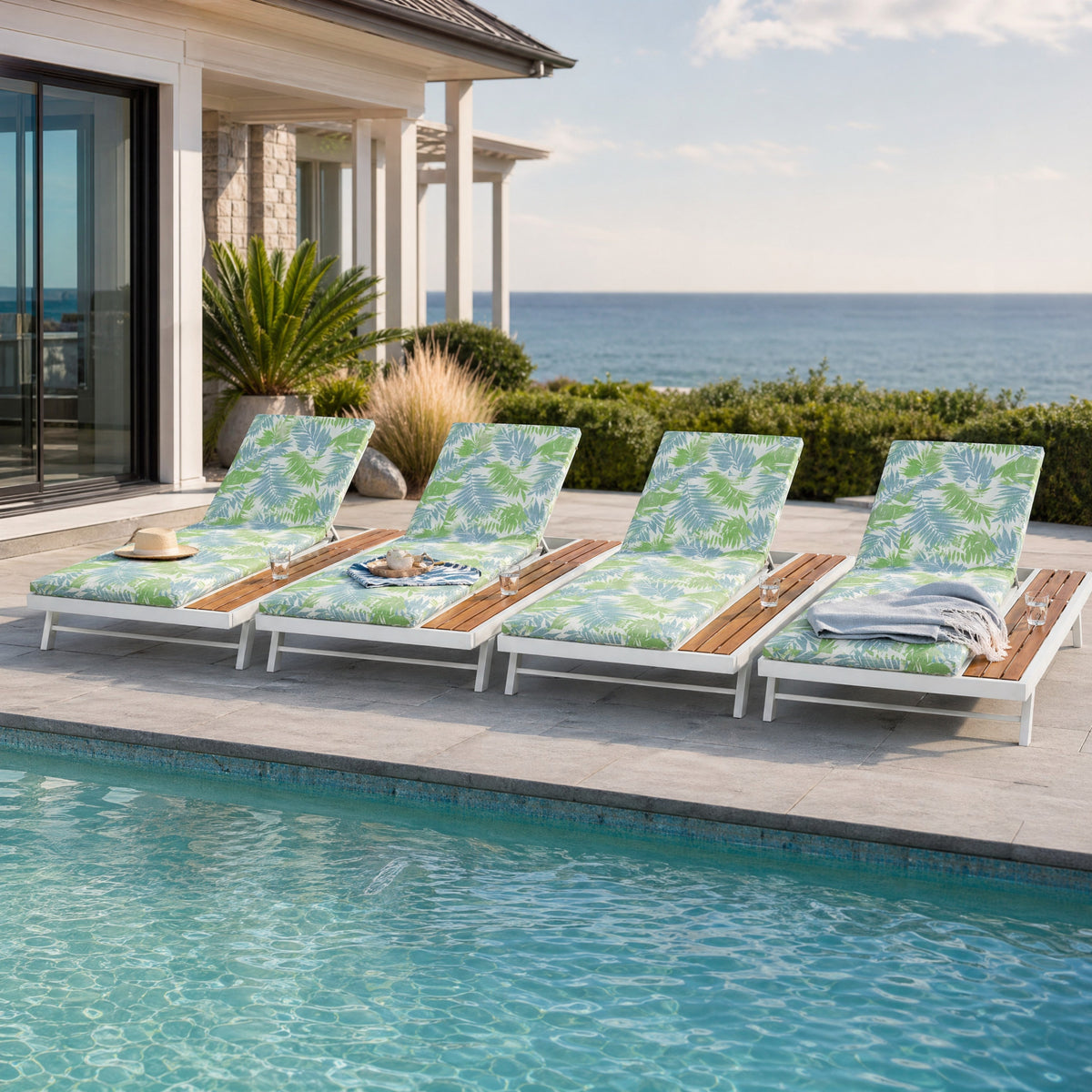White Iron + Teak Finish Outdoor Chaise Lounge Set