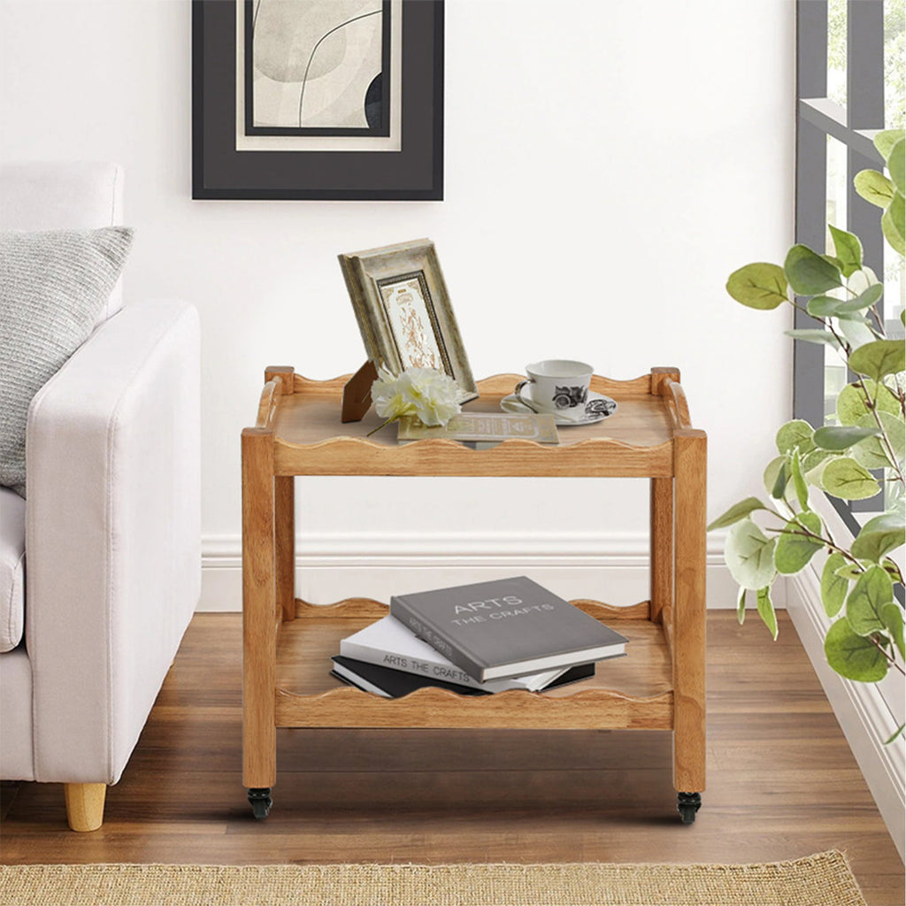 Solid Rubberwood Rolling Side Table