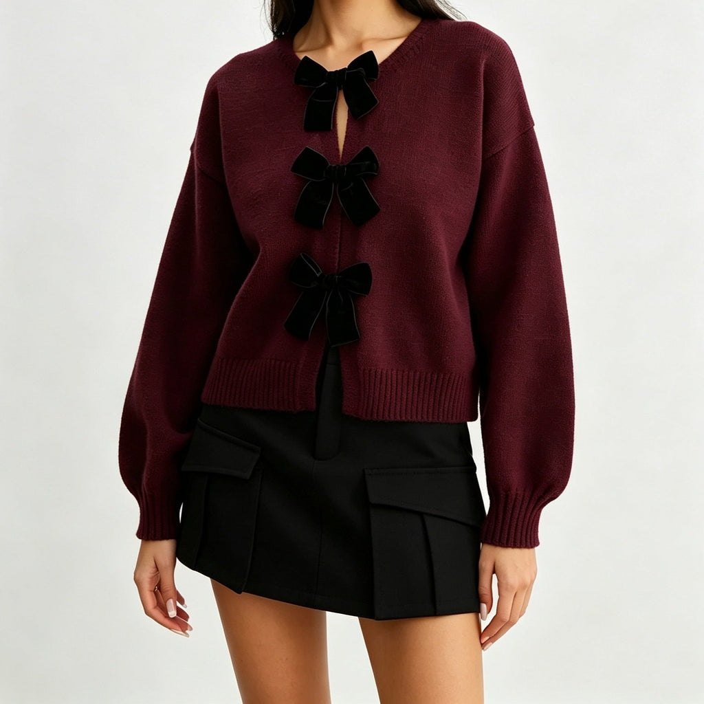 2026 Autumn Cross Border French Retro Bow Sweater Cardigan Round Neck Knitted Coat Women's Top