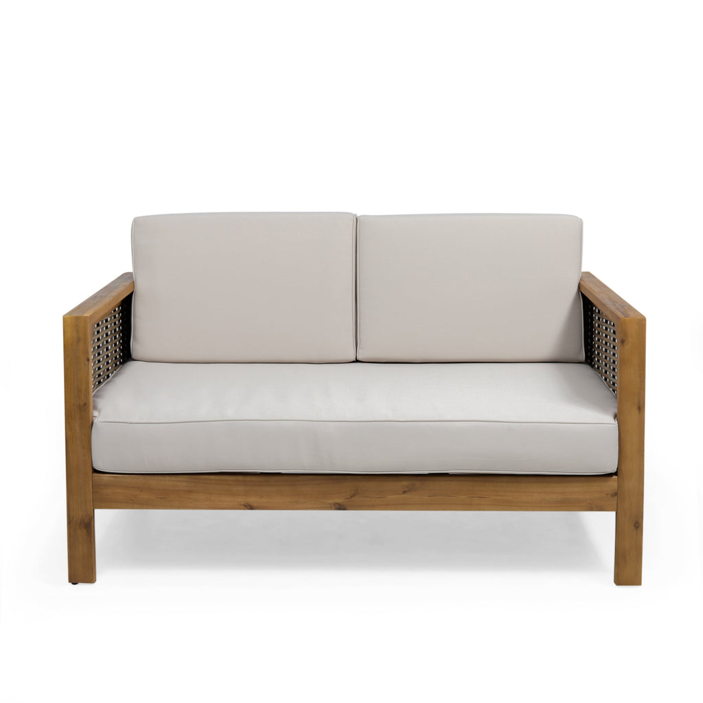 Outdoor Acacia Wood and Wicker Loveseat and Coffee Table Set with Cushions
