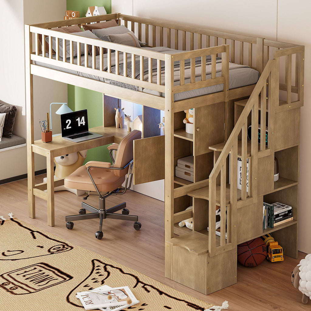 Wood Twin Size Loft Bed with Built-in Desk, LED, Storage Shelves, Cabinets and Staircase
