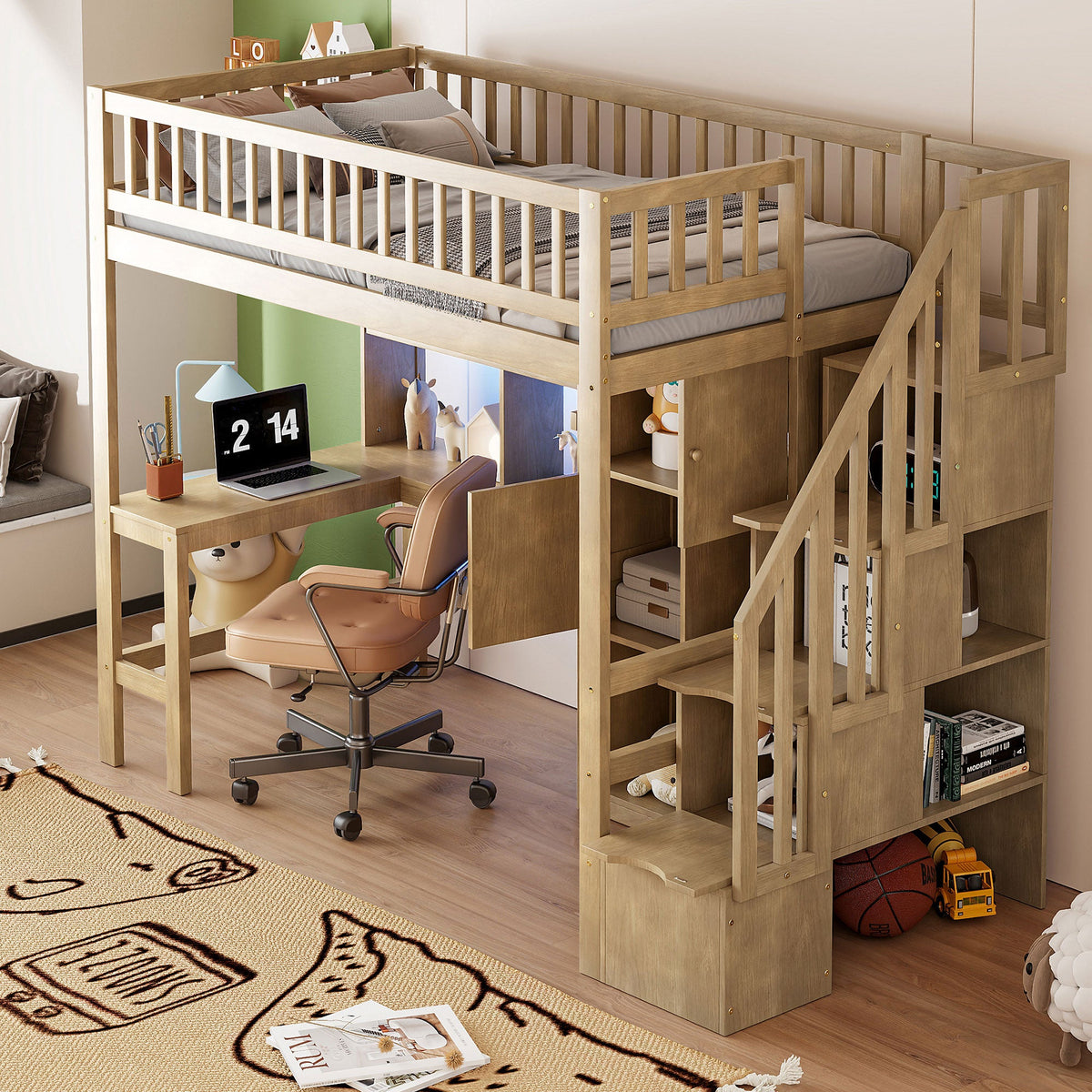 Wood Twin Size Loft Bed with Built-in Desk, LED, Storage Shelves, Cabinets and Staircase