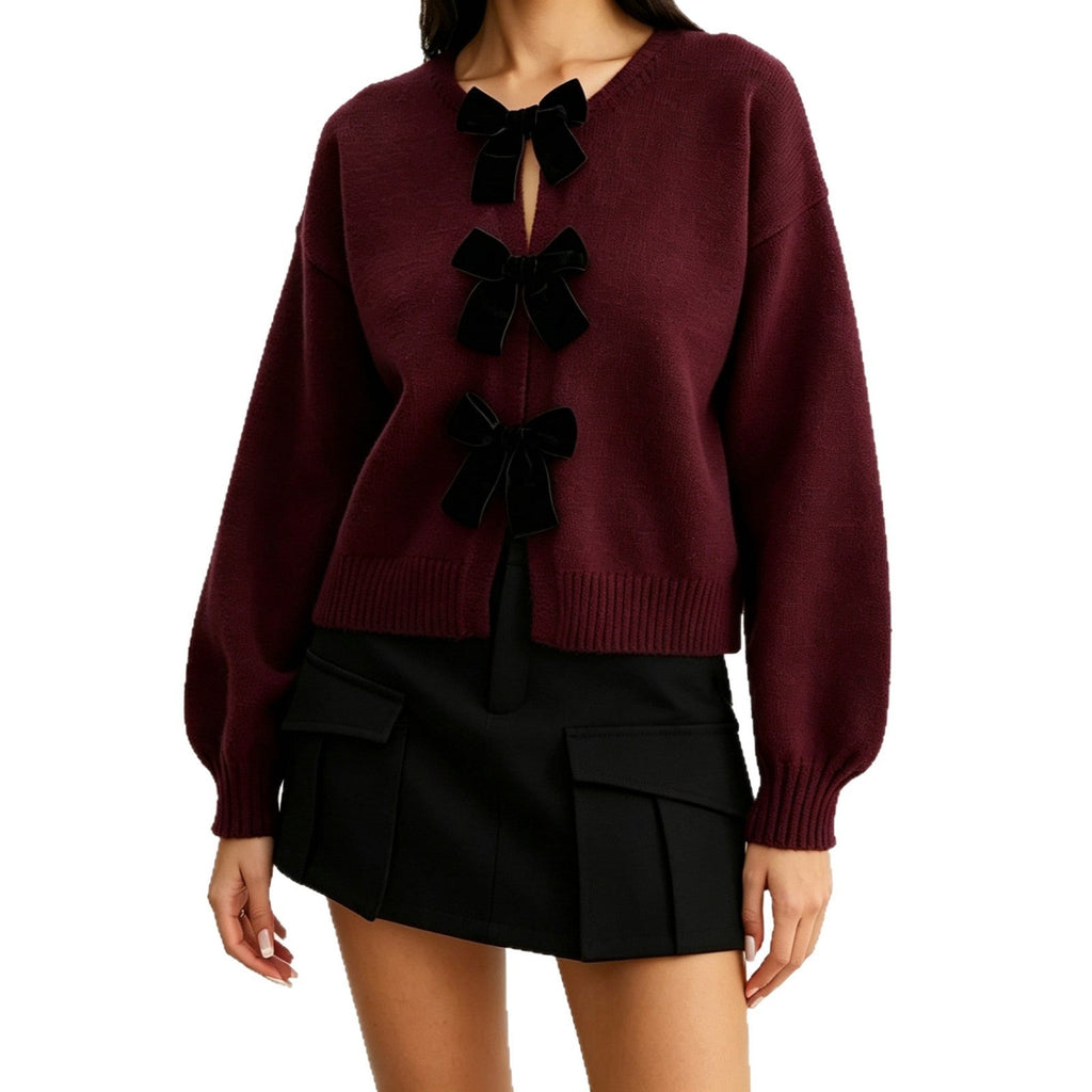 2026 Autumn Cross Border French Retro Bow Sweater Cardigan Round Neck Knitted Coat Women's Top