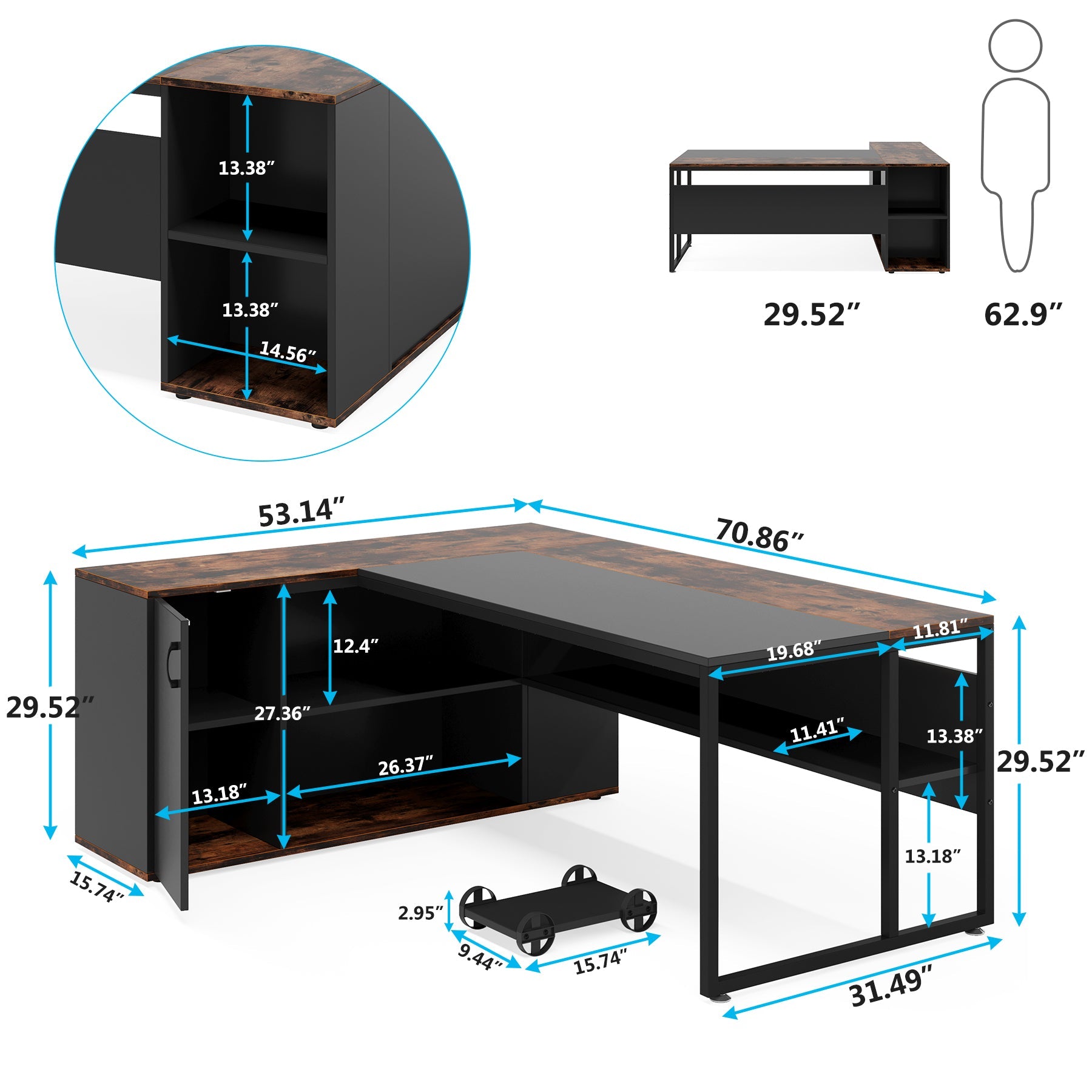 71" L-Shaped Executive Desk with Storage Cabinet & Shelves