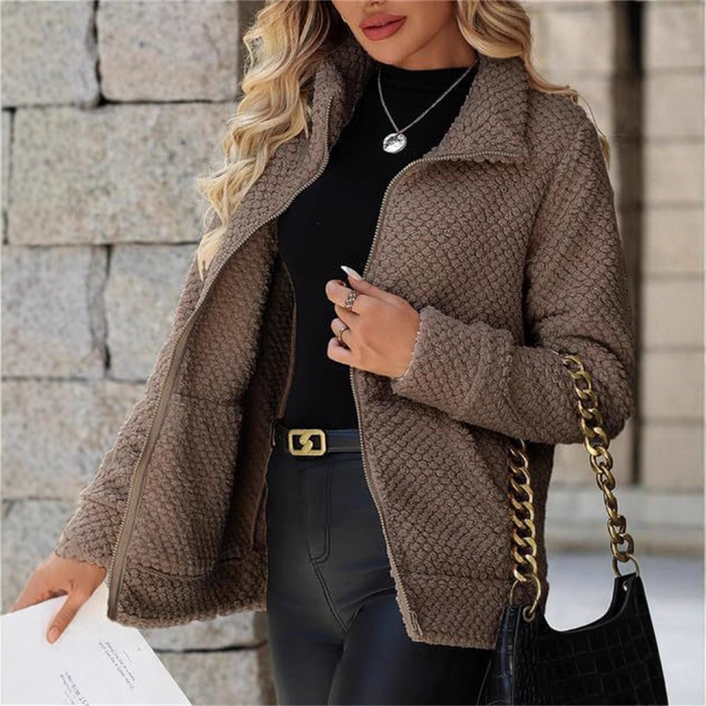 Women's Padded Fleece-Lined Zip-Up Jacket With Pocket And Lapel