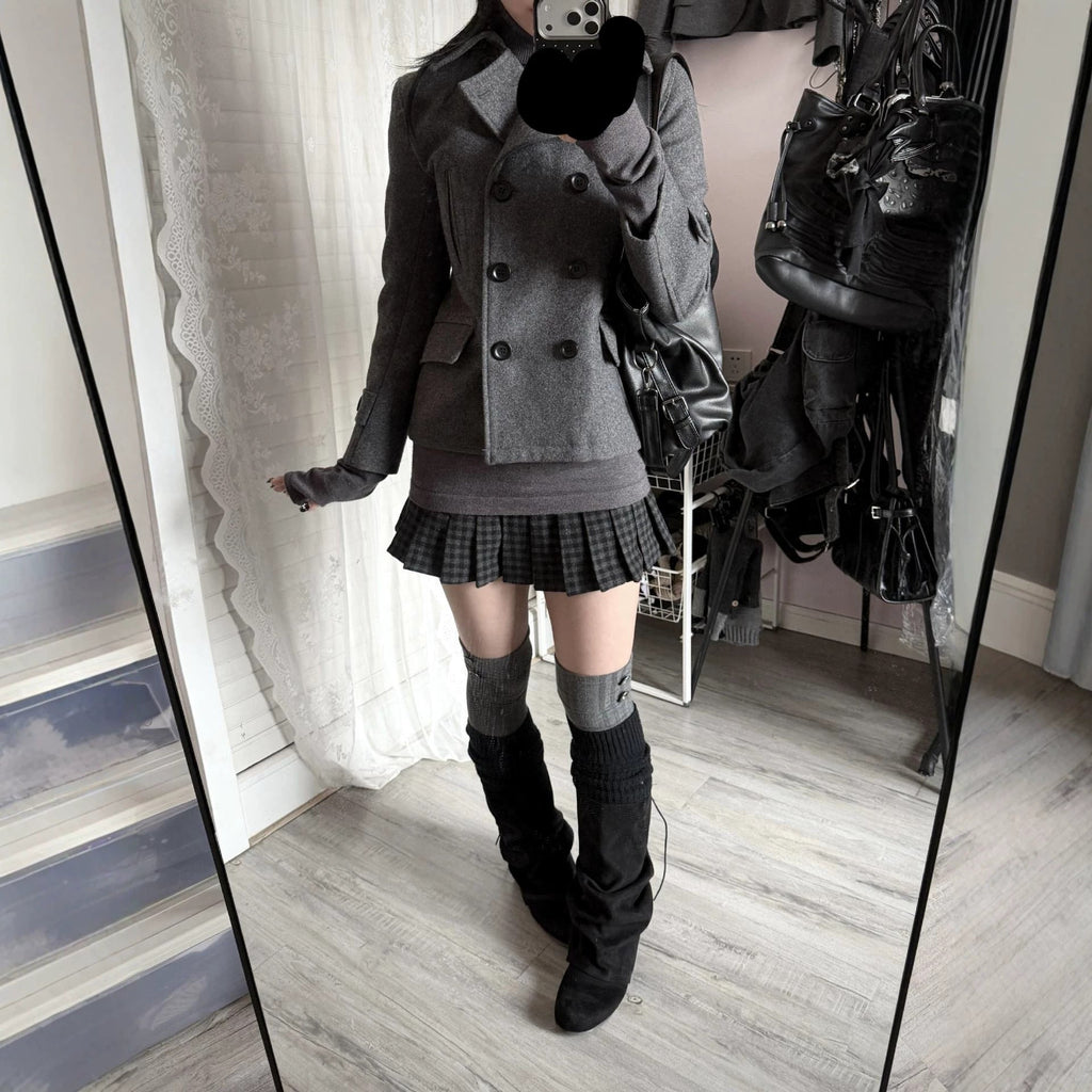 Womens Short Wool Coat Notched Lapel Double-breasted Jacket