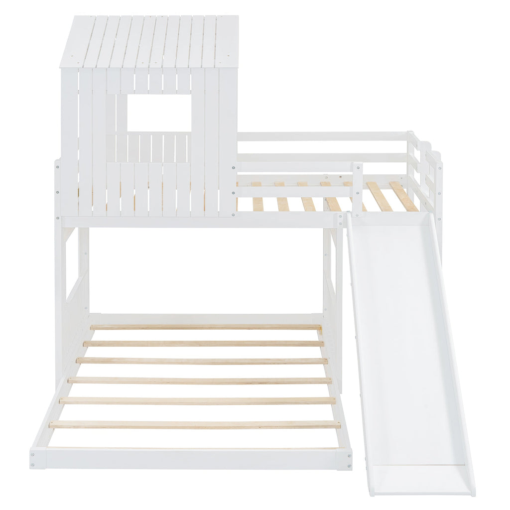 Wooden Twin Over Full Bunk Bed with Playhouse