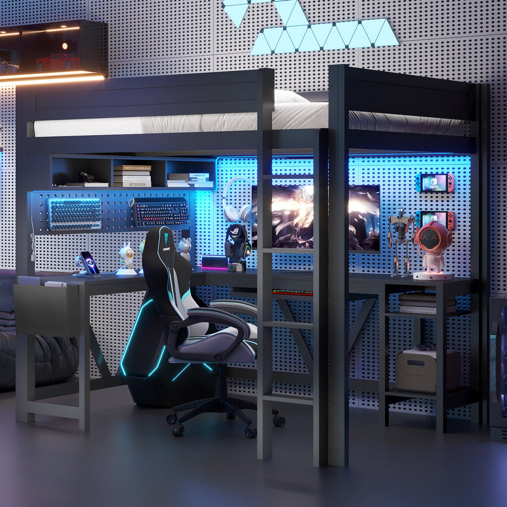 Wood Full Size Gaming Loft Bed with Desk, Storage Shelves, LED and Charging Station
